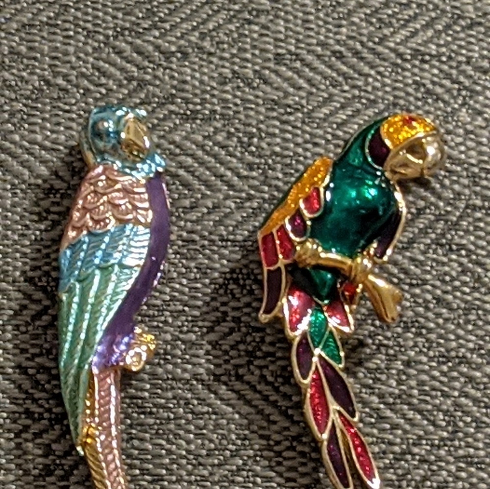 Two vintage colorful Enamel Parrot Macaw Birds great pair!